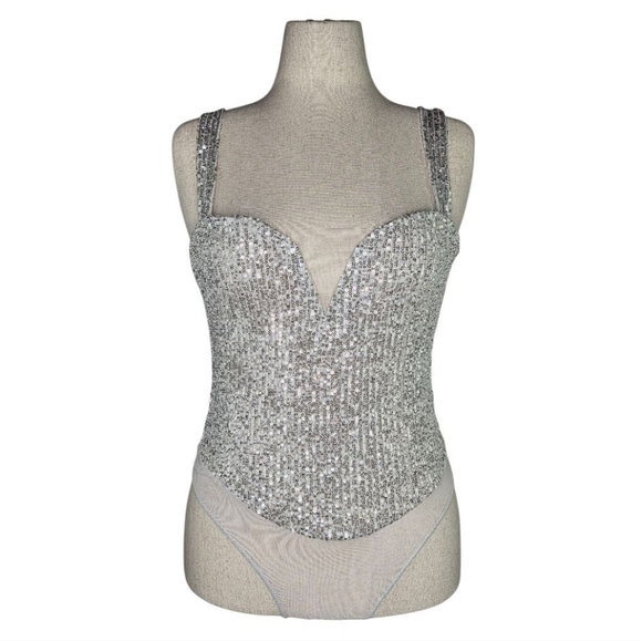 Free People Intimately Silver Sequin Thong Bodysuit L Plunge Party Festival - Picture 2 of 10